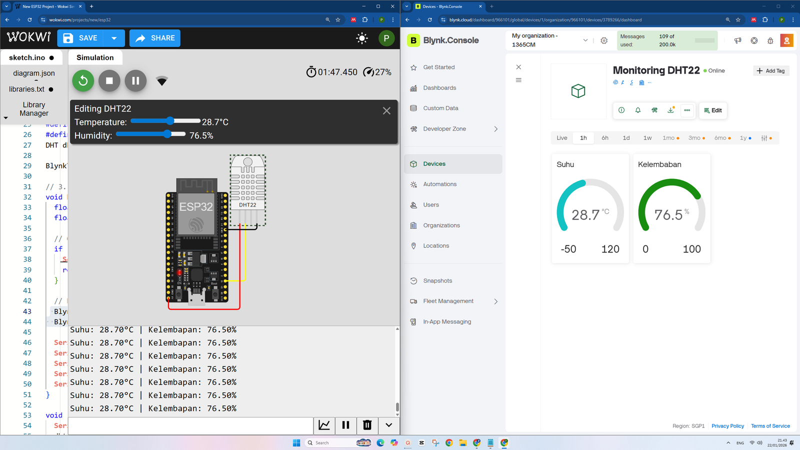 Monitoring SUHU dan KELEMBABAN DHT22 IoT Blynk ESP32 Simulator Wokwi #wokwi #blynk #iot #dht22