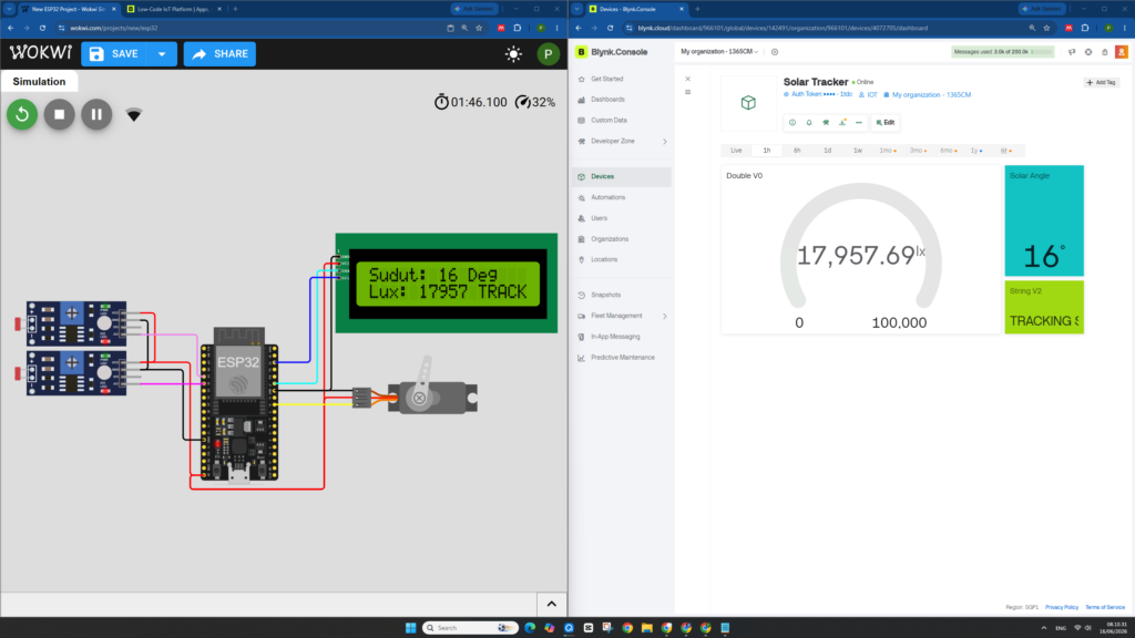 DIY Single-Axis Solar Tracker Pelacak Matahari 1 Sumbu Otomatis Berbasis ESP32 & Blynk IoT (WOKWI) DIY Single-Axis Solar Tracker Pelacak Matahari 1 Sumbu Otomatis Berbasis ESP32 & Blynk IoT (WOKWI)