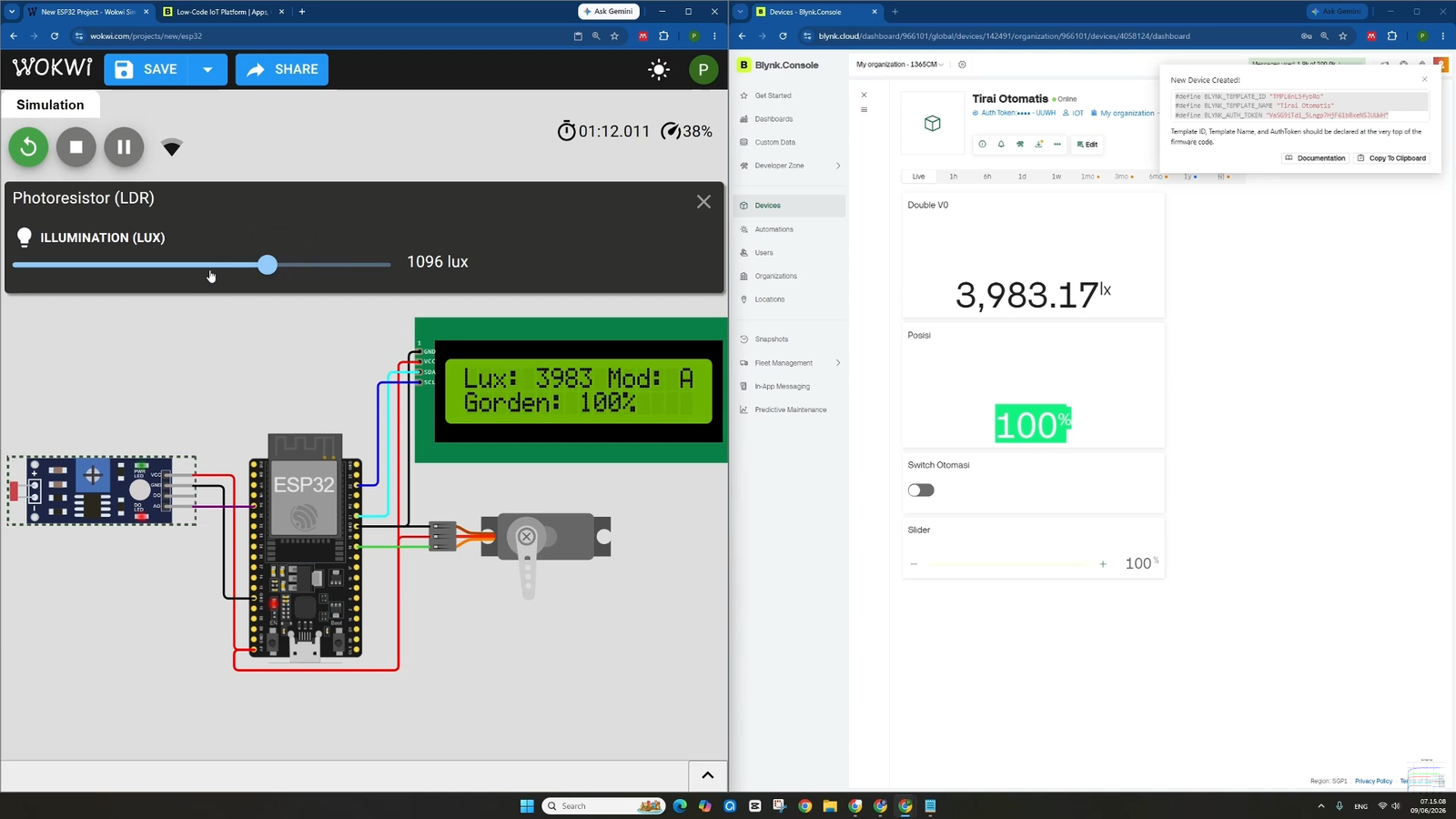 Tutorial IoT: Mengatur Posisi Gorden / Tirai Menggunakan Sensor LDR dan Servo via Blynk ESP32 WOKWI