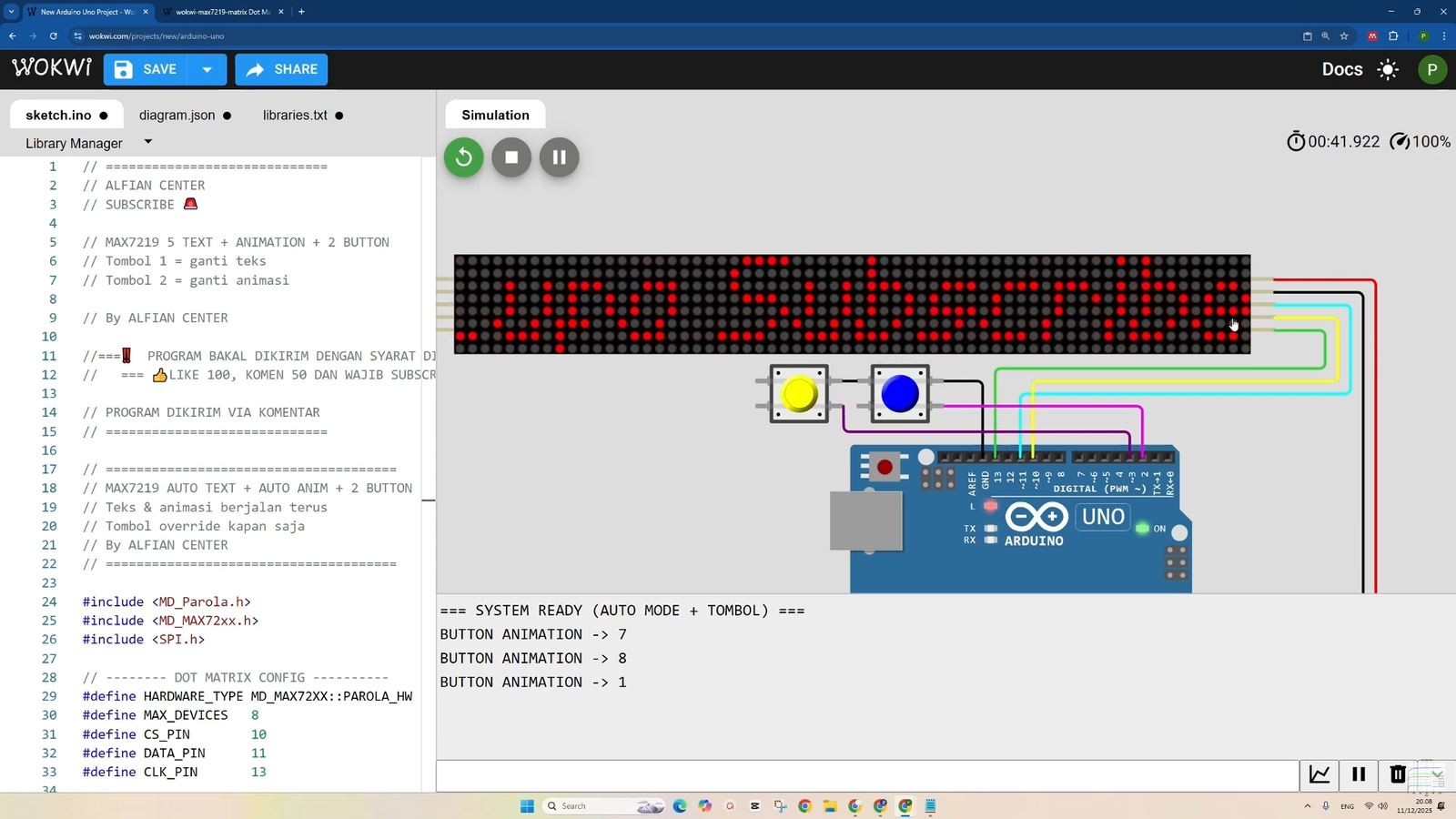 Button untuk Ganti Animasi dan TEXT Running Text di LED DOT MATRIX SIMULATOR WOKWI #wokwi #arduino