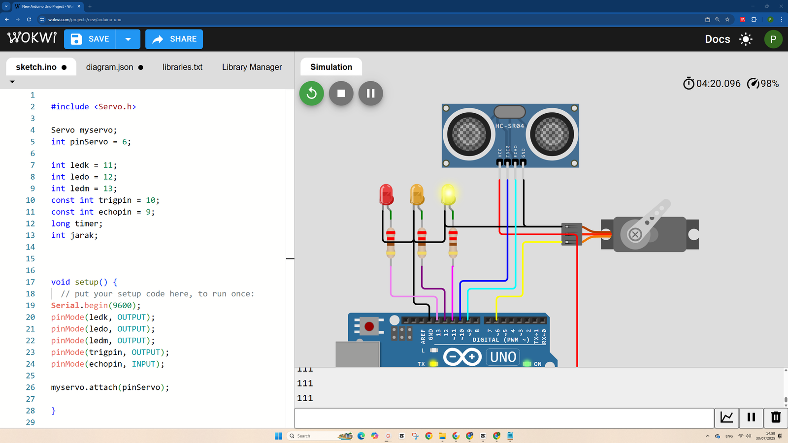 Tutorial Arduino: Cara Mengontrol LED Indikator Multi-Warna & Motor Servo Berdasarkan Jarak Deteksi Sensor Ultrasonik HC-SR04 pada WOKWI