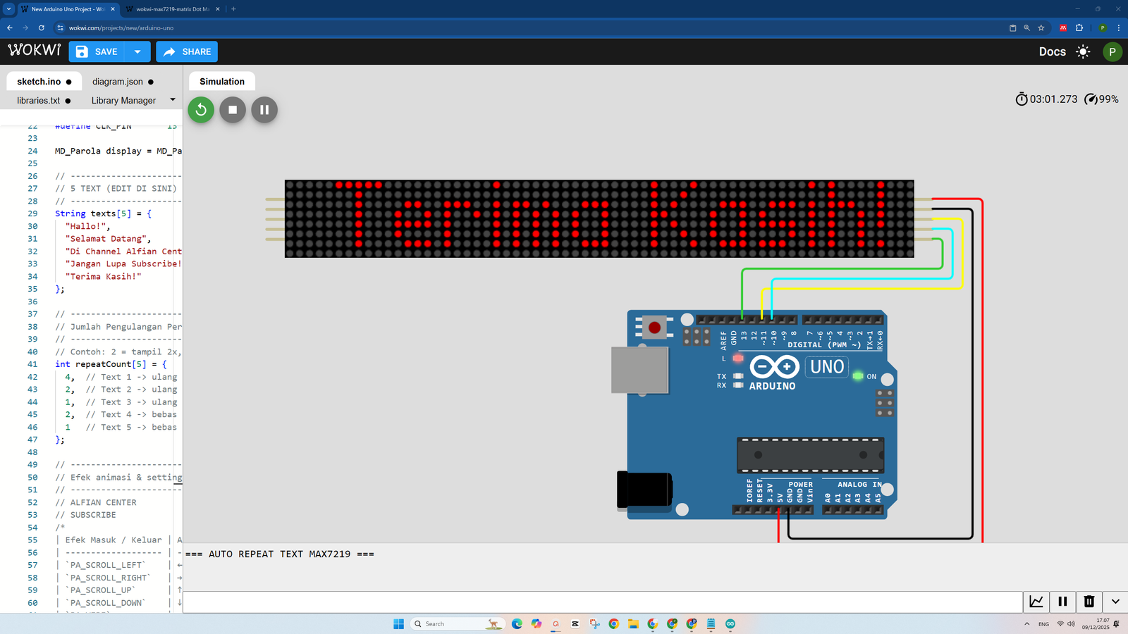Tutorial Arduino: Cara Membuat Running Text Pengulangan Animasi Teks Multi-Pesan pada LED Dot Matrix MAX7219 WOKWI