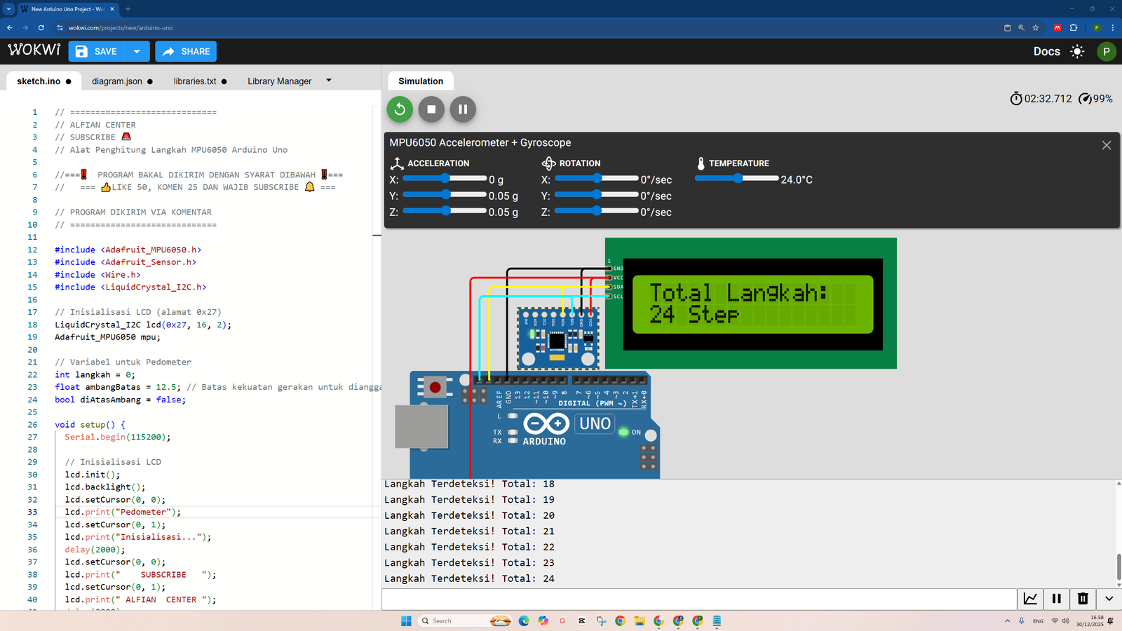 Tutorial Arduino: Cara Membuat Alat Penghitung Langkah (Pedometer) Menggunakan Sensor Gyroscope & Accelerometer MPU6050 pada WOKWI
