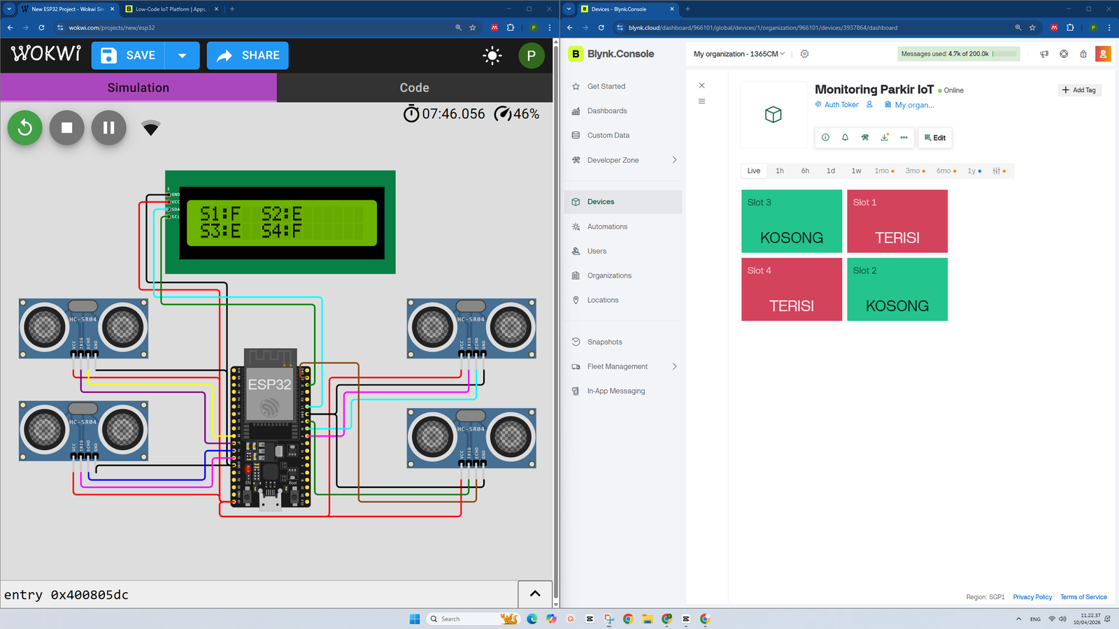 Tutorial ESP32: Cara Membuat Sistem Monitoring Slot Parkir Pintar (Smart Parking System) Menggunakan Multi Sensor Ultrasonik HC-SR04, Layar LCD I2C, & Blynk IoT pada WOKWI