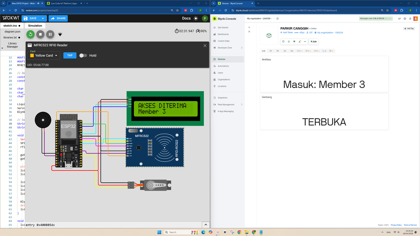Tutorial ESP32: Cara Membuat Sistem Pintu Parkir Canggih (Smart Parking Gate) Menggunakan Modul RFID RC522, Motor Servo Palang Pintu, & Blynk IoT pada WOKWI