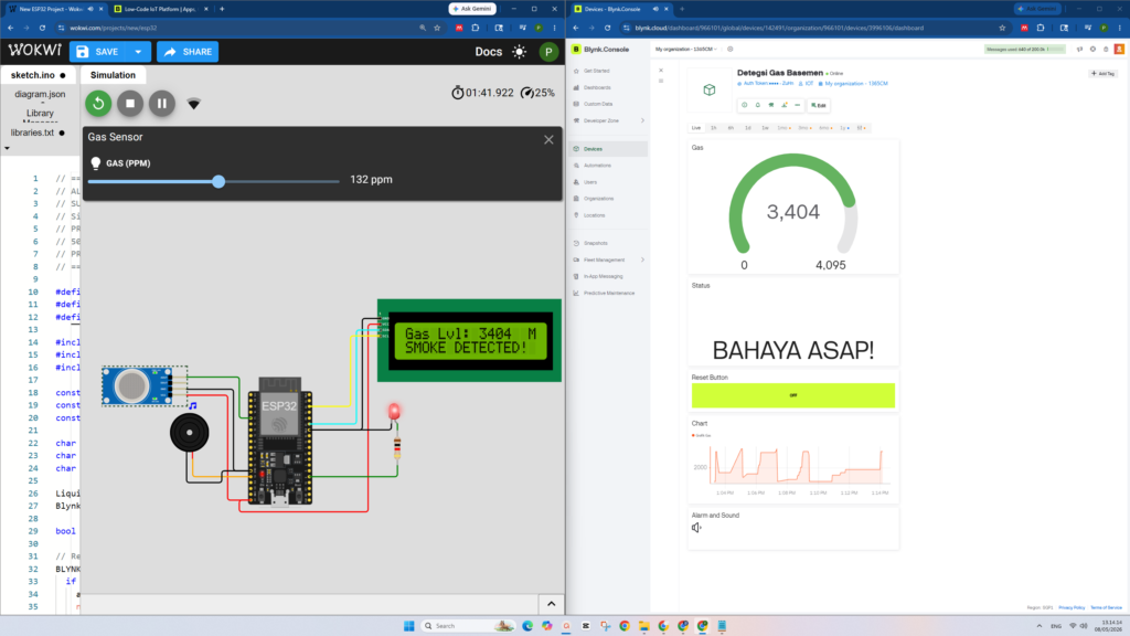 Tutorial ESP32: Cara Membuat Sistem Deteksi Asap & Kebakaran di Basemen Parkir Menggunakan Sensor MQ2, Buzzer Alarm, Layar LCD I2C, & Blynk IoT pada WOKWI