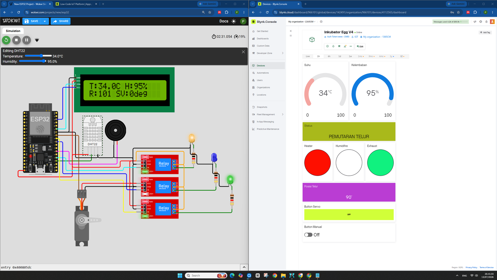 Tutorial ESP32: Cara Membuat Mesin Penetas Telur Otomatis Versi 4 dengan Kontrol 3 Kondisi (Heater, Humidifier, Exhaust), Motor Servo Pemutar Otomatis & Blynk IoT pada WOKWI