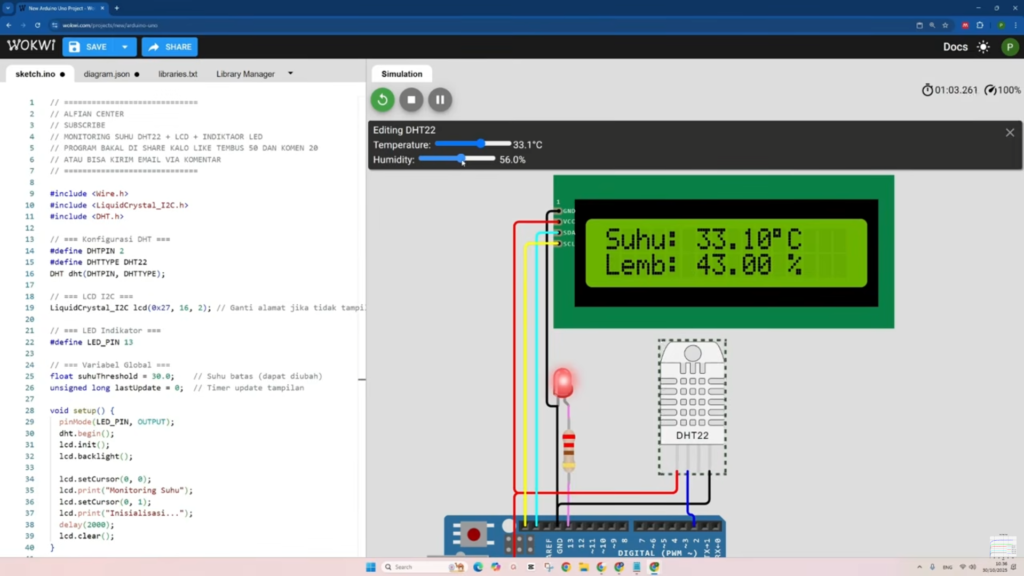Tutorial Arduino: Cara Membuat Sistem Indikator Suhu dan Kelembaban Menggunakan Sensor DHT22, Display LCD 16×2 I2C, & LED Threshold pada WOKWI Tutorial Arduino: Cara Membuat Sistem Indikator Suhu dan Kelembaban Menggunakan Sensor DHT22, Display LCD 16×2 I2C, & LED Threshold pada WOKWI