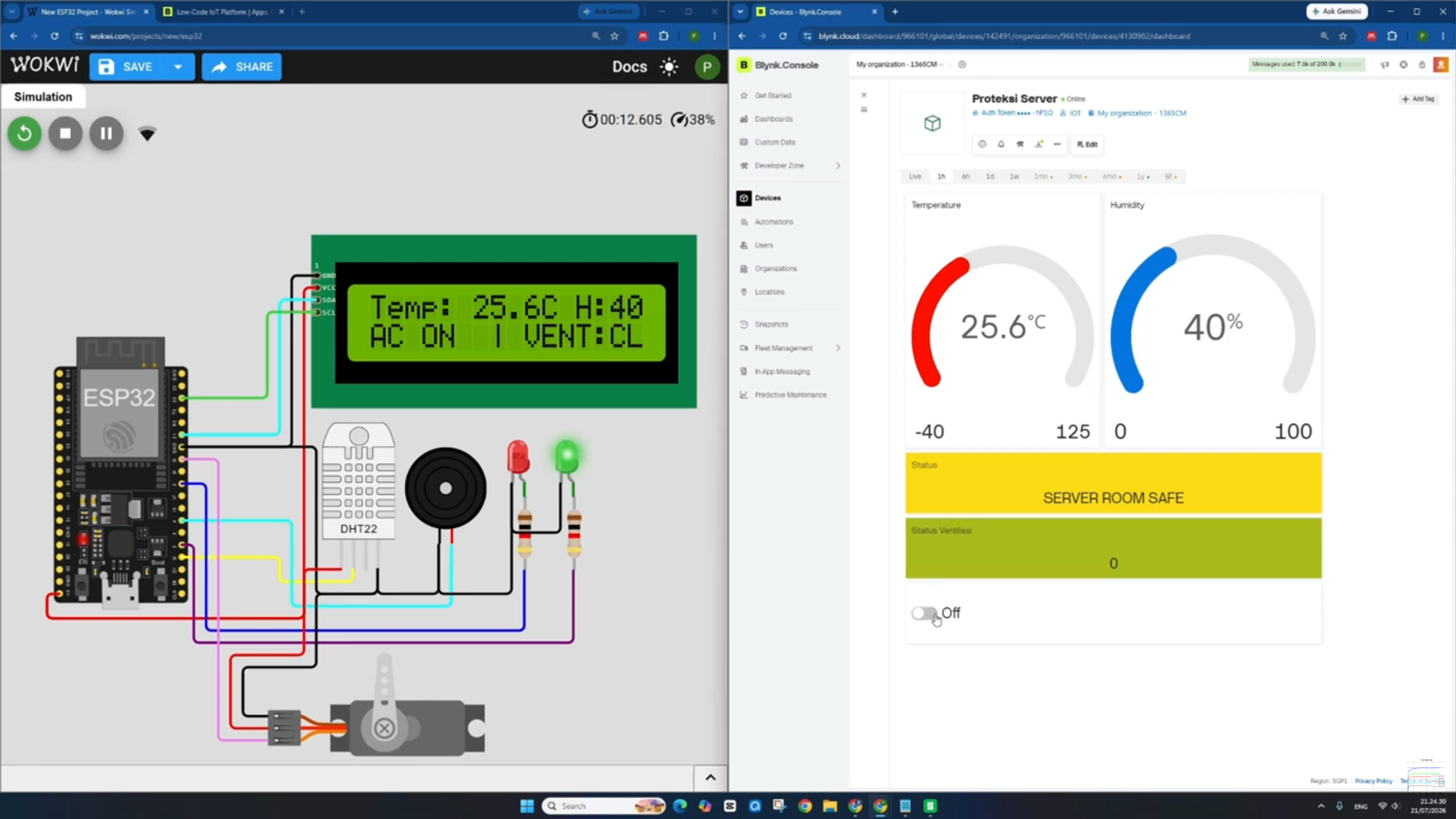 Tutorial ESP32: Cara Membuat Sistem Pengaman Ruang Server Otomatis Berbasis Sensor DHT22, Motor Servo Ventilasi Darurat, & Blynk IoT pada WOKWI