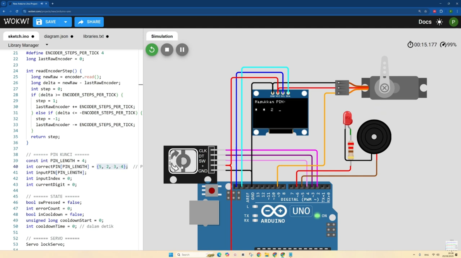 Tutorial Arduino: Cara Membuat Sistem Kunci Pintu Digital (Digital Door Lock) Menggunakan Rotary Encoder, Layar OLED SSD1306, & Motor Servo pada WOKWI