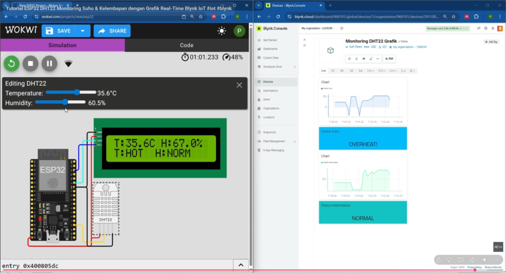 Tutorial ESP32: Cara Membuat Sistem Monitoring Suhu & Kelembapan Real-Time dengan Grafik Blynk IoT Menggunakan Sensor DHT22 & LCD 16×2 pada WOKWI
