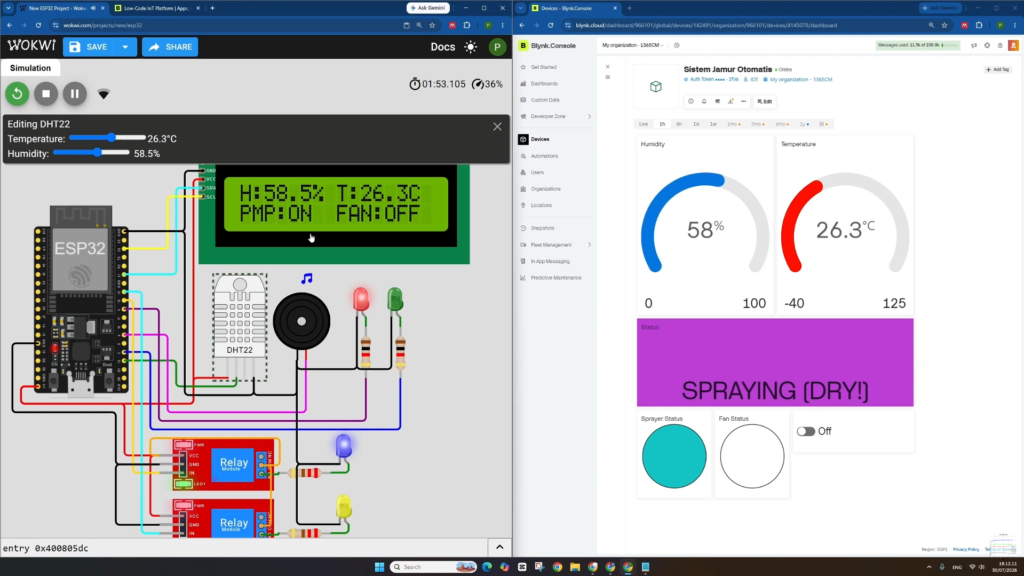 Sistem Penyiram & Pelembab Otomatis Kumbung Jamur Tiram Smart IoT Pakai ESP32 + Blynk WOKWI Sistem Penyiram & Pelembab Otomatis Kumbung Jamur Tiram Smart IoT Pakai ESP32 + Blynk WOKWI