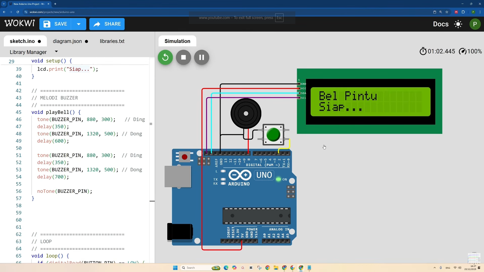 Tutorial Arduino: Cara Membuat Bel Pintu Pintar (Smart Doorbell) Menggunakan Tombol Push Button, Buzzer Melodi, dan LCD I2C pada WOKWI